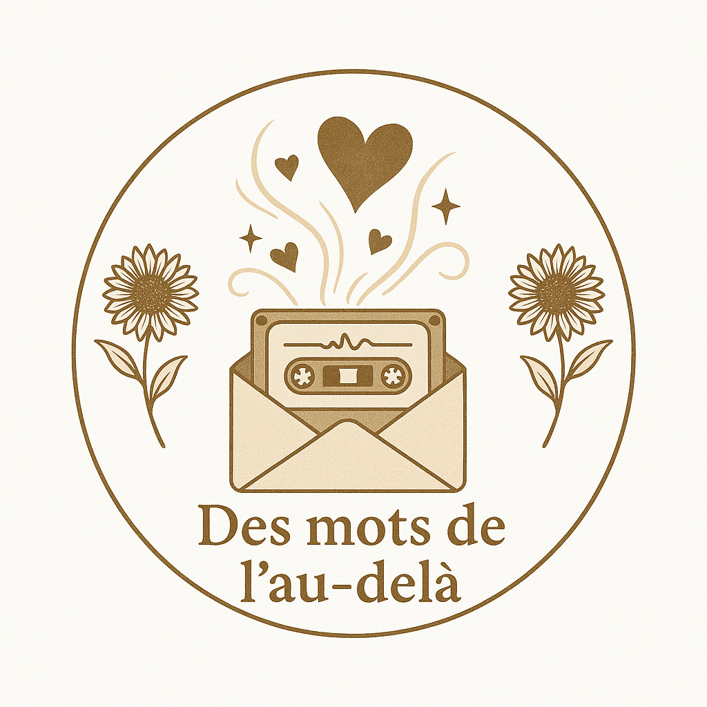 Illustration Des mots de l'au-delà : une cassette audio glissée dans une enveloppe fleurie
